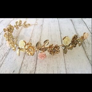 Delicate Rose and Rhinestone Golden Tiara